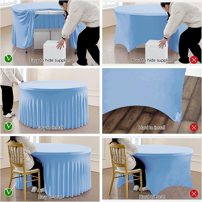 Outpain 6 Pack Spandex Baby Blue Round Tablecloths for 60in Tables, 120Inch Stretchy Fitted 5FT Round Table Clothes,Wrinkle Free Table Cover with Skirt for Wedding Party Dining Banquet