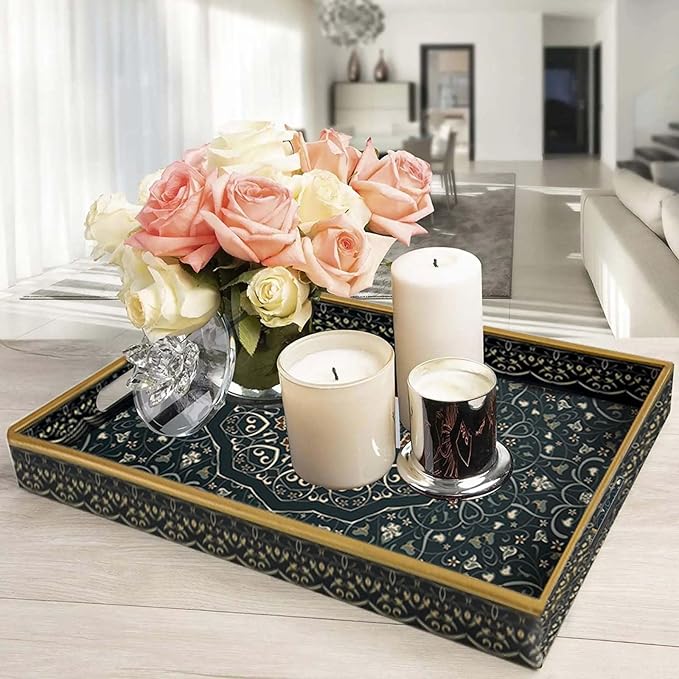 Plastic Serving Tray with Handles,Large Ottoman Tray for Living Room,Large Rectangle Trays for Ottoman Coffee Table,Decorative Blue Boho Serving Trays for Home Decor,16" x 12"