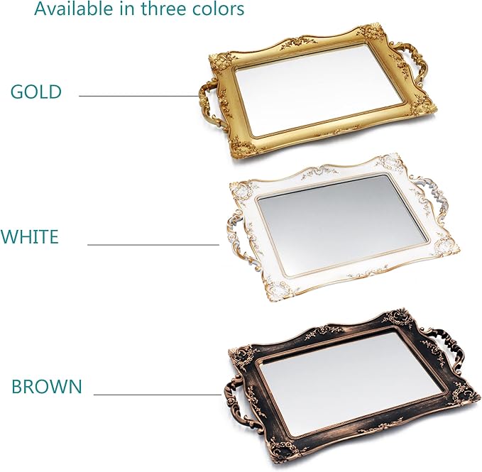 Antique Decorative Gold Framed Square Mirror Tray, Jewelry & Cosmetics Organizer for Dresser, Square - 9.5" W x 14.5" L (White)