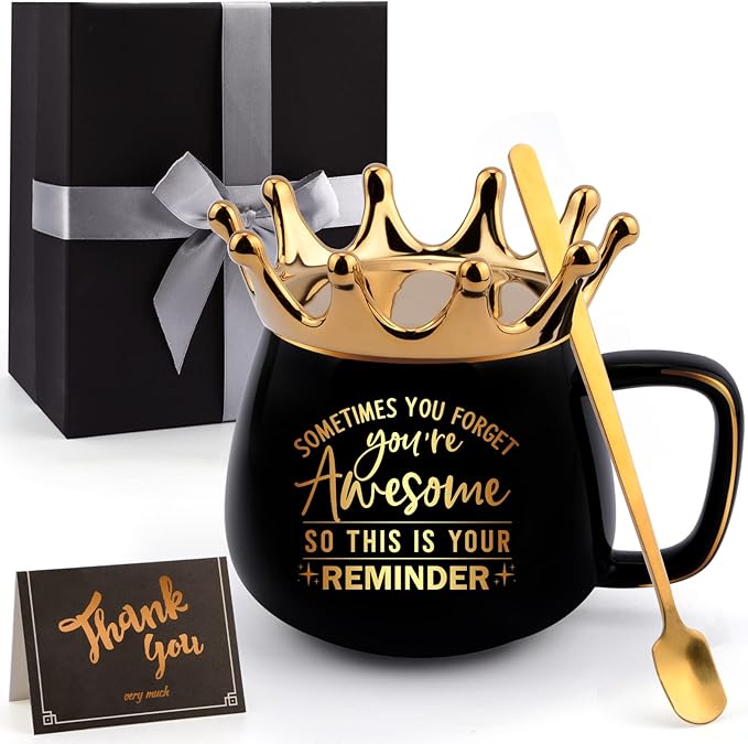 Thank You Gifts for Women-Sometimes You Forget Your Awesome-Funny Crown Coffee Mugs with Card for Graduation, Thank You Employee Appreciation Gifts for Boss Coworker Teacher(Black)
