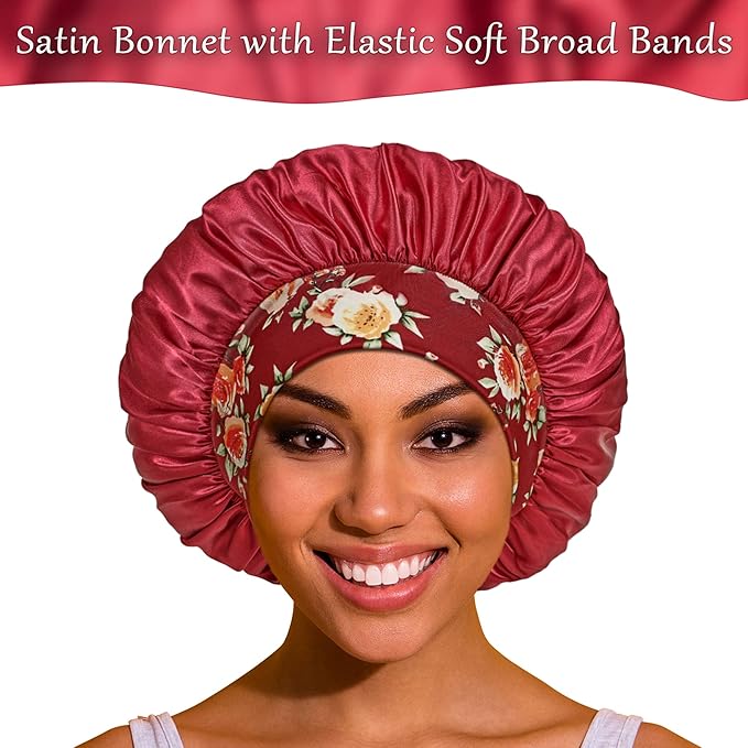 3 Pack Satin Bonnet Silk Hair Bonnet for Sleeping, Sleep Bonnets for Women Large Wide Soft Band Sleep Cap for Curly Hair Braids