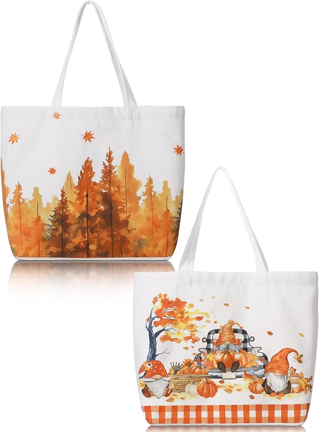 Bencailor 2 Pcs Fall Canvas Tote Bag Thanksgiving Pumpkin Maple Leaf Tote Pouch Cute Aesthetic Reusable Grocery Bag for Women