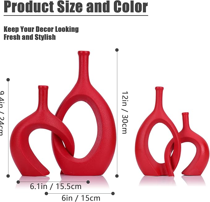 Dark Red Unique Hollow Bud Vases Set of 2,Modern Snuggle and Huging Style Ceramic Vase for Pampas Grass,Living Room Decorations for Fireplace,Coffee Table Centerpiece,Mantle,Bookshelf Decor