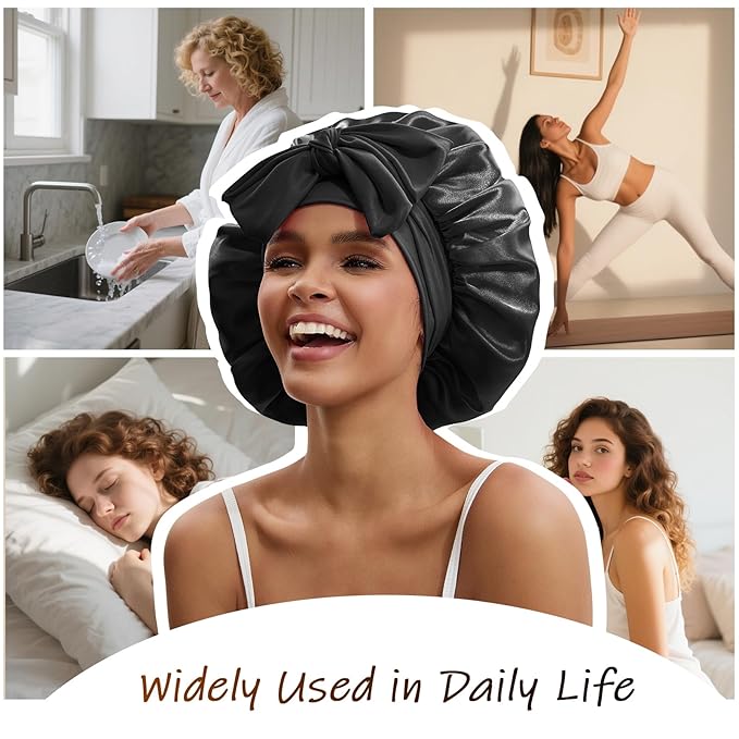Silk Bonnet for Sleeping Women Satin Hair Cap with Tie Brand Curly Hair Sleep Protection Silk Head Wrap Double Layer - Black