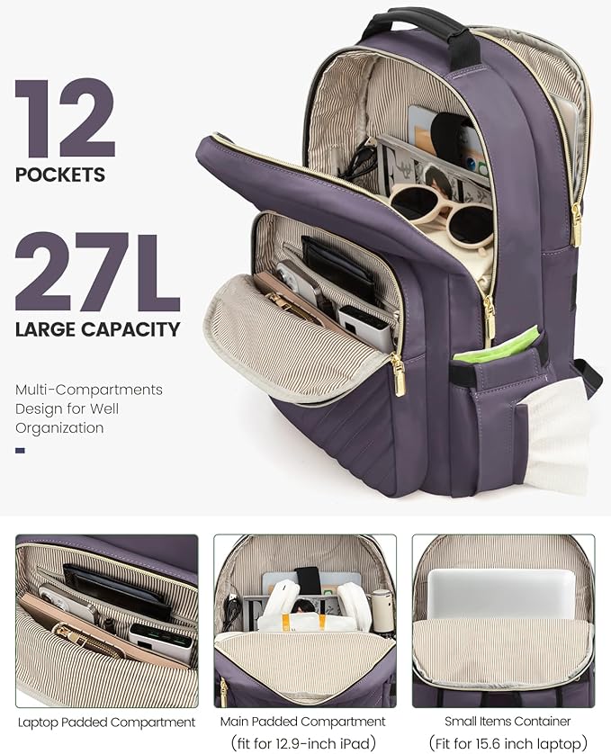 LOVEVOOK Laptop Backpack Purse for Women, Large Capacity Travel Business Computer Work Bag, Quilted Casual Nurse Backpack for Womens, Fit 15.6 Inch Laptop with USB Port, Purple Grey