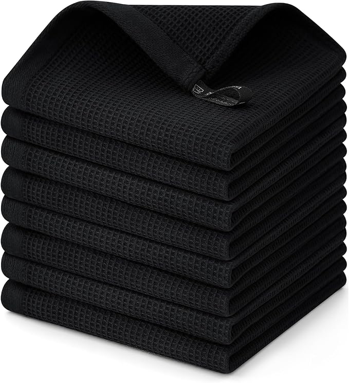 Homaxy 100% Cotton Waffle Weave Dish Cloths - 8 Pack Soft and Absorbent Dish Towels - 12 x 12 Inches Quick Dry Dish Rags - Black
