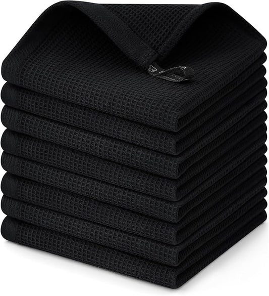 Homaxy 100% Cotton Waffle Weave Dish Cloths - 8 Pack Soft and Absorbent Dish Towels - 12 x 12 Inches Quick Dry Dish Rags - Black