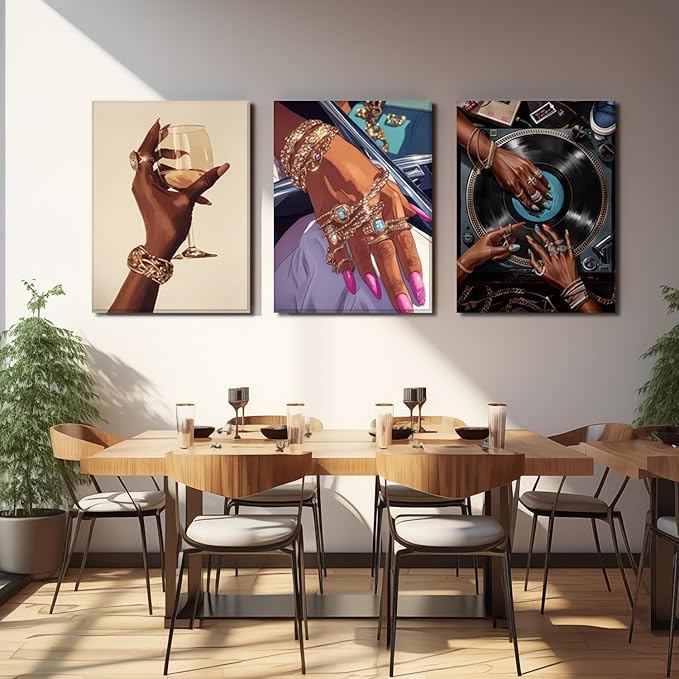 YFvrPt Black Woman Wall Art Set of 3, Trendy African American Women Wall Decor Black Girl Song Lover Canvas Poster Prints Aesthetic Pictures for Bedroom Living Room Framed 16x24 inch