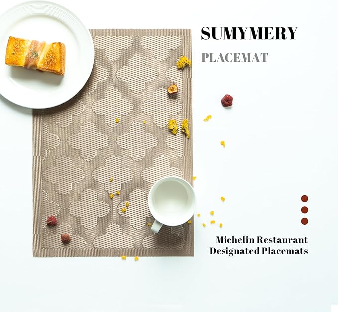 Placemats Set of 8 Vinyl/Plastic Woven Place Mats for Kitchen Table Indoor/Outdoor Washable Placemat Wipeable Dining Table Mats (Dark Brown Clover,8)