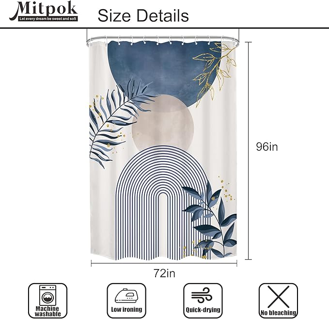 Blue Gray Boho Shower Curtain 72Wx96H Extra Long Modern Bohemian Abstract Dusty Blue Gold Leaves Mid Century Plant Bathroom Decor Minimalist Geometric Bath Curtain Fabric Polyester 12 Pack Hook