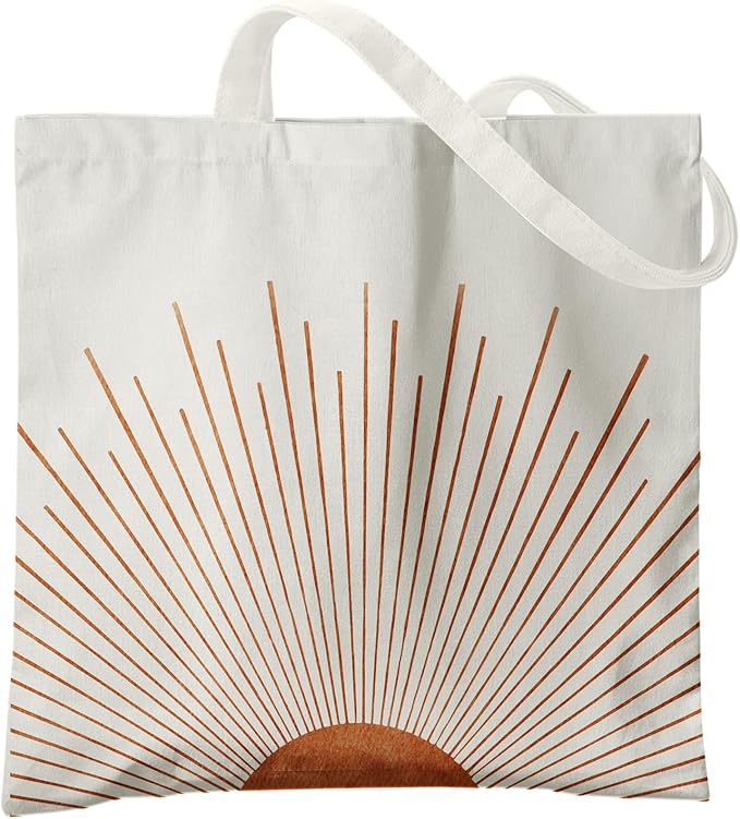 Boho Tote Bag Aesthetic, Minimalist Abstract Boho Terracotta Sun Sunshine Canvas Tote Bag for Women