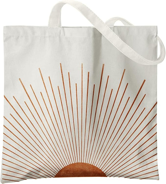 Boho Tote Bag Aesthetic, Minimalist Abstract Boho Terracotta Sun Sunshine Canvas Tote Bag for Women