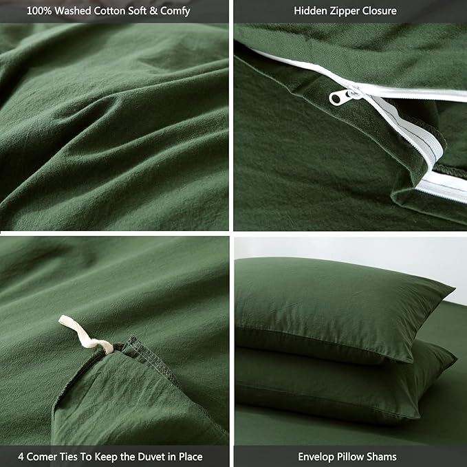 MooMee Bedding Duvet Cover Set 100% Washed Cotton Linen Like Textured Breathable Durable Soft Comfy (Solid Forest Green, Super Queen 90"x98")