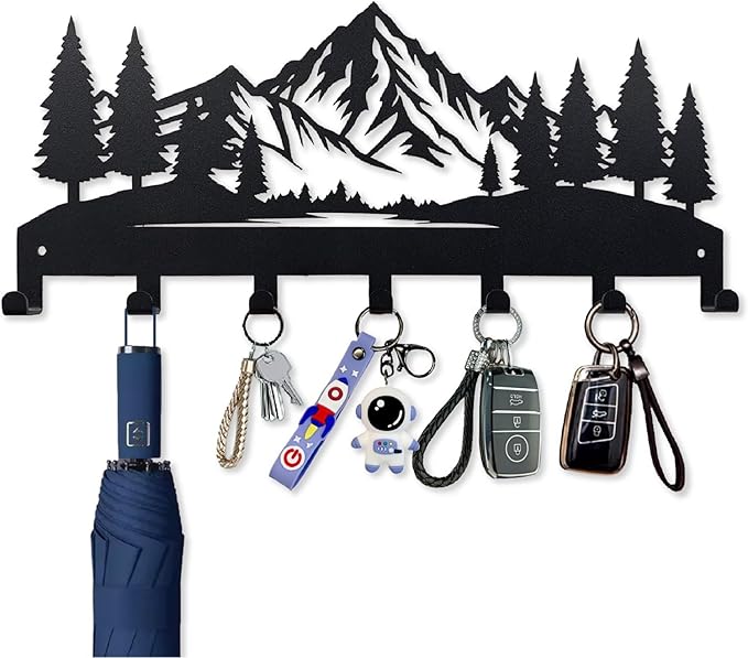 Wall Mounted Key Rack | Metal Key Rack Hook Organizer | Metal Key Organizer with 7 Hooks Wall Decoration for Front Door, Hallway, Kitchen, Office(Woodland)