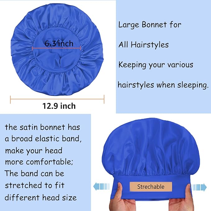 3 Pack Satin Bonnet Silk Hair Bonnet for Sleeping, Sleep Bonnets for Women Large Wide Soft Band Sleep Cap for Curly Hair Braids
