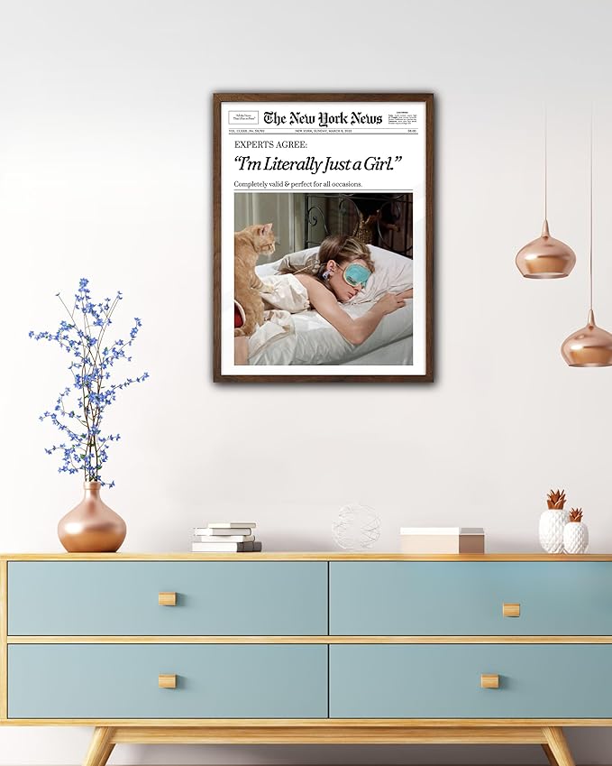EcoHest Trendy Newspaper New York Magazine Framed Wall Art, 12x16 in Walnut Color OAK Wood I‘m Literally Just a Girl Canvas Wall Art, Magazine Preppy Home Decor, Set of 1 For Bedroom Living Room