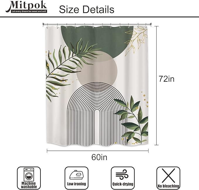 Boho Green Shower Curtain, Sage Bohemian Mid Century Modern 60Wx72H Bathroom Curtain, Abstract Gold Leaves Plant Olive Grey Minimalist Bathroom Decor Bath Curtain Polyester 12 Pack Hooks