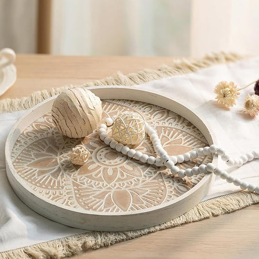 Hanobe Decorative Serving Tray Round: 2Pcs Farmhouse Coffee Table Decor with White Boho Bead Garland - Mandala Trays for Living Room Kitchen Centerpiece Display