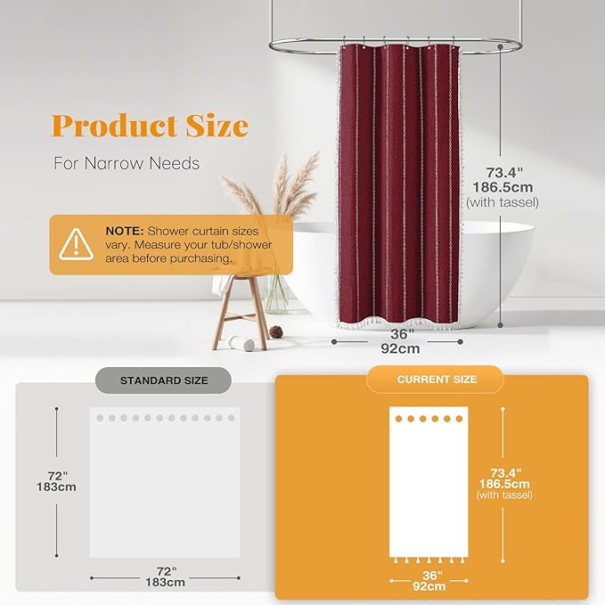 BTTN Boho Shower Stall Curtain - 36x72 Narrow Linen Thick Striped Tassel Fabric Shower Curtain Set with 6 Hooks, Half Modern Farmhouse Cottage Decorative Cloth Shower Curtains for Bathroom - Burgundy