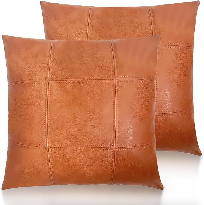 Faux Leather Throw Pillow Cover 18X18 Inch Set of 2 Brown Outdoor Modern Farmhouse Solid Decorative Pillow Covers for Room Couch Living Bedroom Bed Sofa
