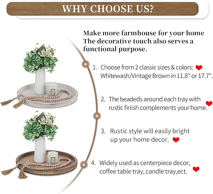 Hanobe Large Round Decorative Tray: Coffee Table Beaded Trays Rustic Wood Trays Decor Farmhouse Ottoman Circle Vintage Centerpiece Wooden Serving for Living Room Home for Counter, Brown