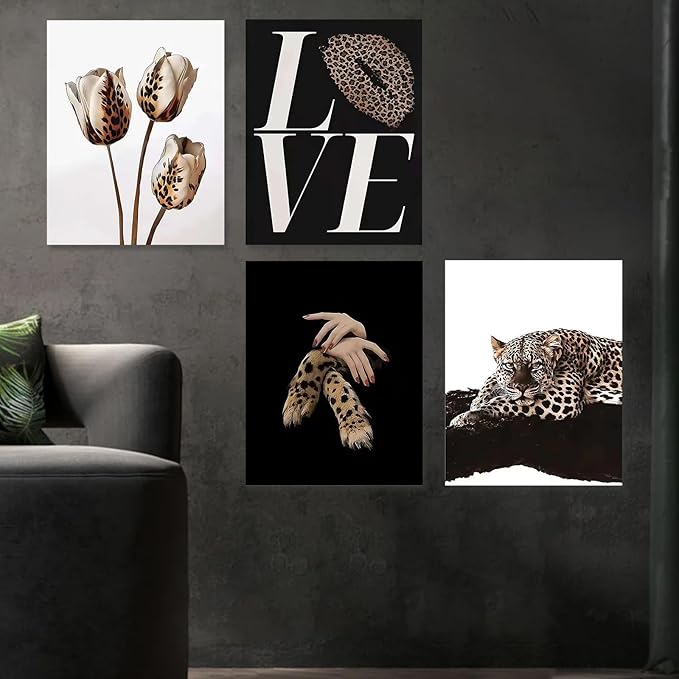 Kousne 4PCS Black and Gold Leopard Rose Print stockholm cheetah Poster Set Trendy Women’s Aesthetic Wall Art Canvas Prints Decor for Bedroom Living Room Office Beauty Salon Unframed 8x10 Inch