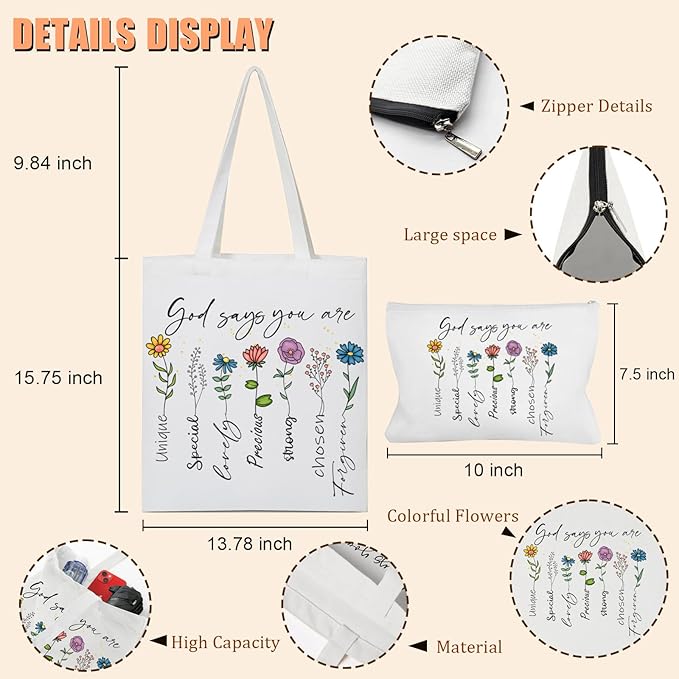 2 Pack Christian Bible Canvas Tote Bag for Women with Makeup Bag Gods Says You Are Bags Floral Tote Bag Aesthetic