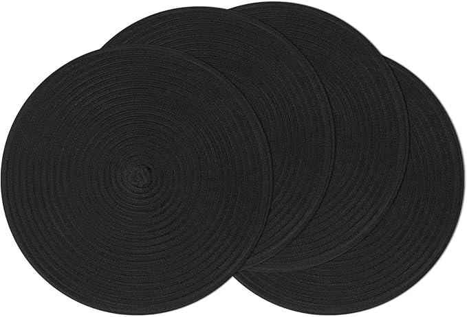 SHACOS Round Braided Placemats Set of 4 Heavy Cotton Polyester Washable Round Table Mats for Dining Tables 15 inch Non Slip Heat Resistant (Black, 4)