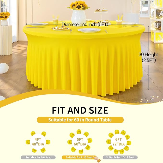 Outpain 6 Pack Spandex Yellow Round Tablecloths for 60in Tables, 120Inch Stretchy Fitted 5FT Round Table Clothes,Wrinkle Free Table Cover with Skirt for Wedding Party Dining Banquet