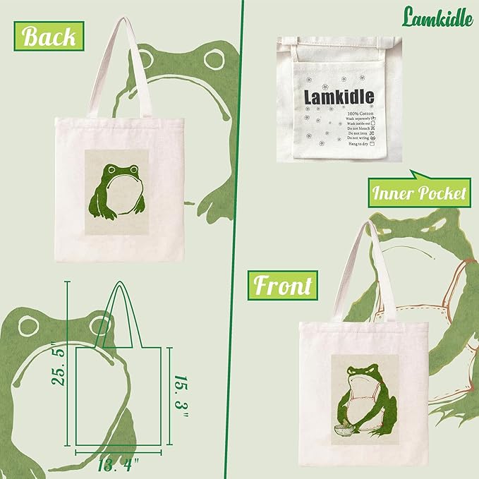 Cute Frog Tote Bag Aesthetic Funny Frog Tote Bag Cotton Canvas Bag For Women Gift Bag Reusable Grocery Bag Beach Bag