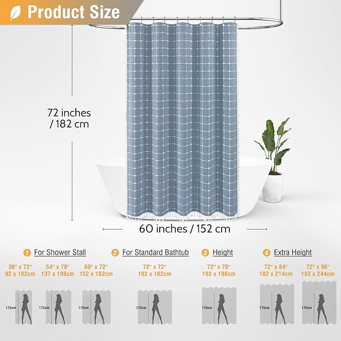 BTTN Stall Shower Curtain - 60 x 72 Inch Narrow Boho Chic Farmhouse Linen Vintage Fabric Shower Curtain Set with 10 Hooks, Bohemian Country Decorative Heavy Duty Shower Curtains for Bathroom - Blue