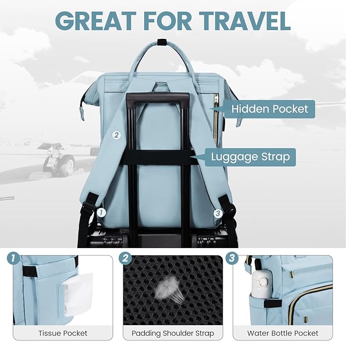 LOVEVOOK Laptop Backpack for Women,17 Inch Professional Womens Travel Backpack Purse Computer Laptop Bag Nurse Teacher Backpack,Waterproof College Work Bags Carry on Back Pack with USB Port,Sky Blue