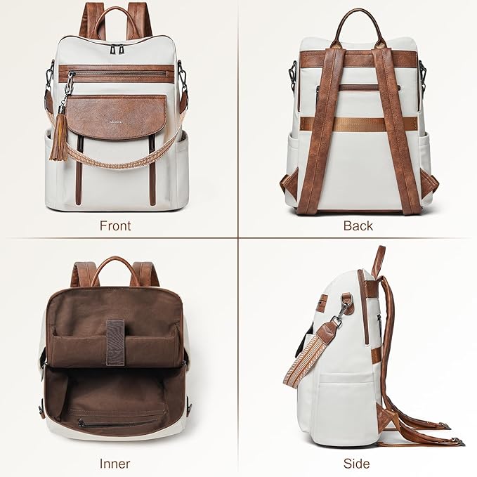 Shrrie Laptop Backpack for Women 15.6 inch,Travel Leather Backpack Purse Nurse Teacher Carry on Backpack Computer Bag,Professional Water-Resistant College Business Work Casual Daypack,Beige with Brown