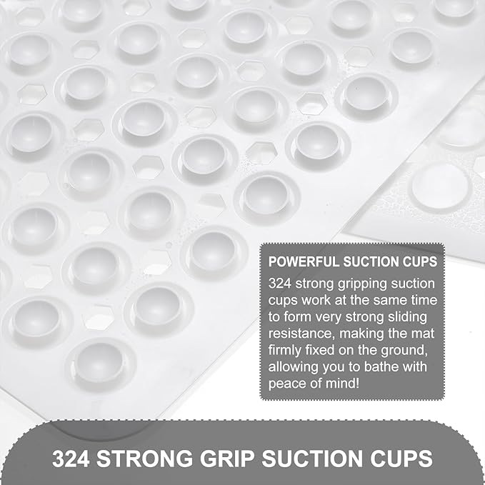 Bath Mat for Tub & Shower, Non Slip Soft Bathmat with Suction Cups & Drain Holes, Machine Washable Bathtub Floor Liner Mats for Bathroom, 35x16 Inch, White