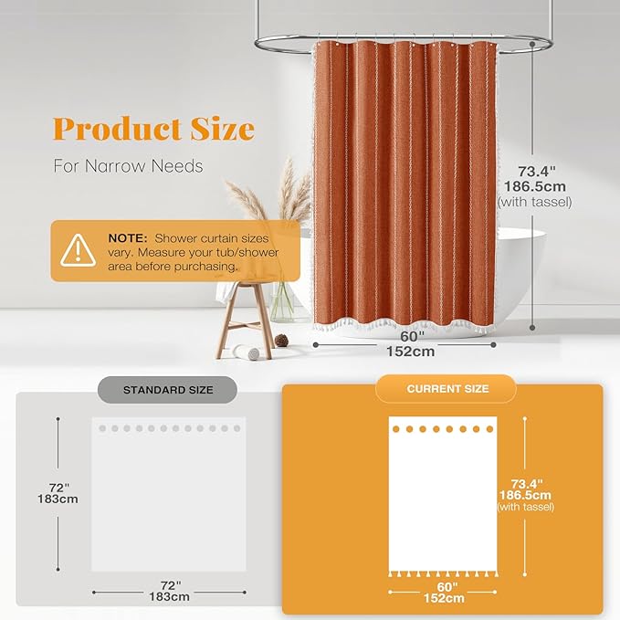 BTTN Stall Shower Curtain - 60x72 Narrow Boho Farmhouse Linen Vintage Striped Fabric Shower Curtain Set with 10 Hook, Bohemian Cottage Decorative Heavy Duty Shower Curtains for Bathroom - Burnt Orange