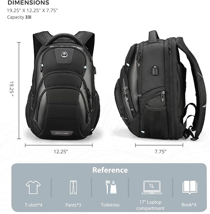Swissdigital Design Men's 17 Inch Laptop Backpack with Apple Find My Network and USB Charging Port, Large Capacity Business Travel Backpack for College and Business | SD1643FB-01