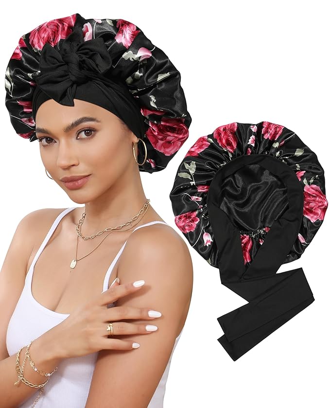 Satin Bonnet Silk Bonnet for Sleeping Silk Sleep Cap Double Layer Hair Bonnet with Elastic Tie Band for Curly Hair Night Cap (Black Flower + Black)