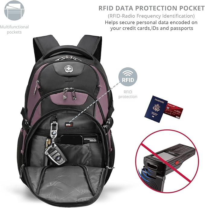 Swissdigital Design Laptop Backpack with USB Charging Port, Travel Backpack Fits 15.6 inches Computer, 31L College School Backpack for Women, Light Purple/Black | SD803