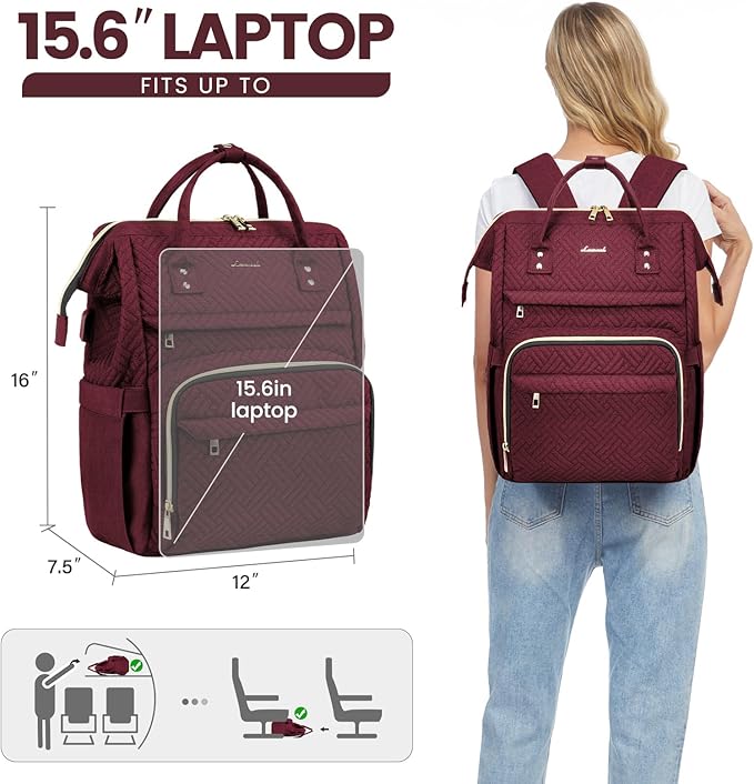 LOVEVOOK Laptop Backpack for Women,15.6 Inch Professional Womens Travel Backpack Purse Computer Laptop Bag Nurse Teacher Backpack,Waterproof Work Bags Carry on Back Pack with USB Port,Wine Red Plait