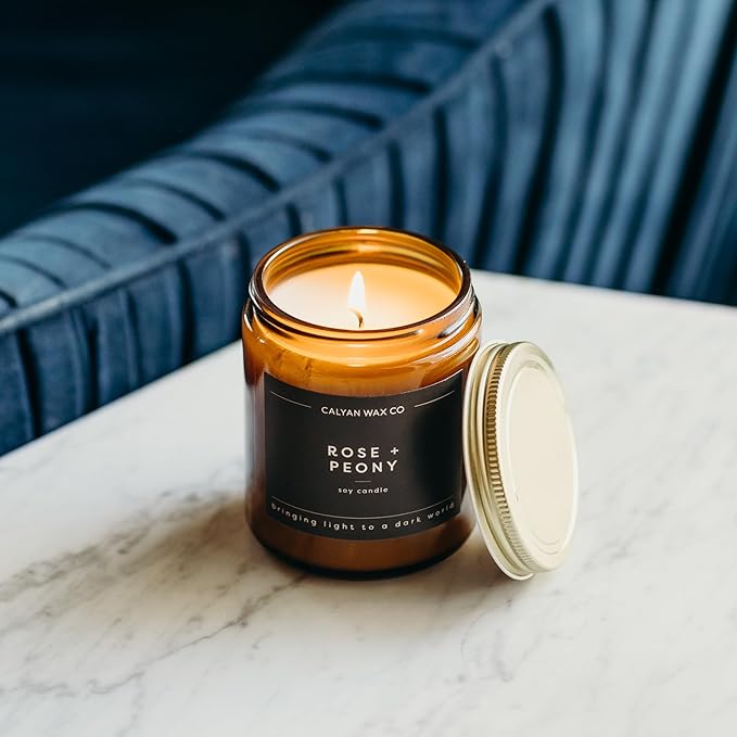 Calyan Wax Co. Soy Wax Candle, Rose + Peony Scented Candle, 57 Hour Burn Time, Aromatherapy Soy Candles, Non Toxic & Vegan Soy Wax, Amber Glass Jar Scented Candles, 7.2oz