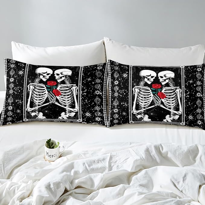 Skull Bed Set for Boys Girls,Kissing Lovers Skeleton Sugar Skull Comforter Cover for All Season,Starry Galaxy Constellation Ultra Soft Bedding Set Quilt Cover Queen Size 3 Pieces