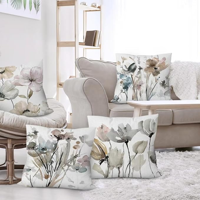 Brown White Grey Pillow Covers 16x16 Set of 6, Watercolor Flower Throw Pillow Cover for Couch, Modern Floral Cushion Cover for Sofa Bedroom Living Room Farmhouse Home Decor
