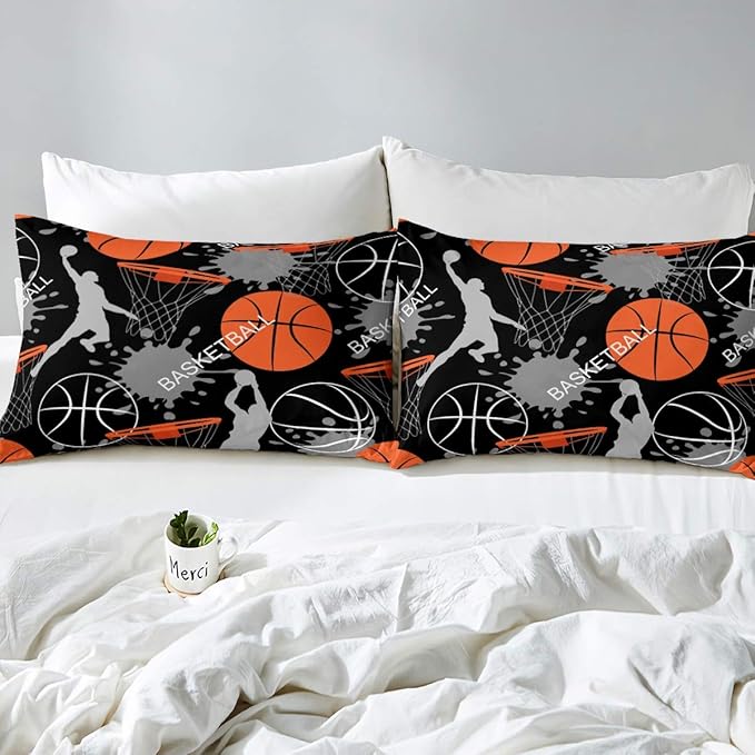 Feelyou Kids Basketball Bedding Set Cool Sport Theme Comforter Cover Set for Boys Teens 1 Duvet Cover with 2 Pillowcases Queen Size