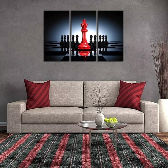3 Panel Modern Chess Canvas Wall Art Poster Prints King and Knight Pictures Still Life Painting Framed Giclee Artwork for Game Room Office Decor Red and Black Ready to Hang