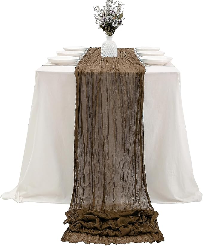 DOLOPL Brown Table Runner Cheesecloth Table Runner 10ft Boho Cheese Cloth Table Runner Rustic Sheer Gauze Runner 120inch Long for Baby Shower Wedding Bridal Birthday Party Table