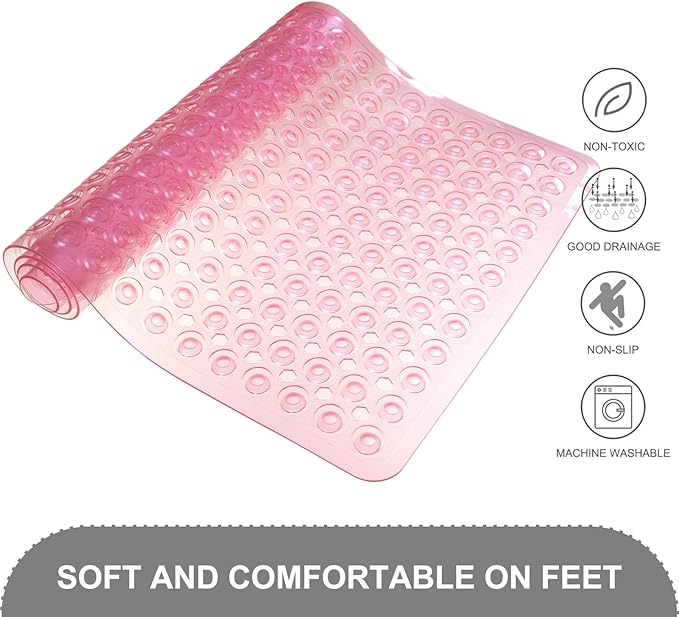 Bath Mat for Tub & Shower, Non Slip Soft Bathmat with Suction Cups & Drain Holes, Machine Washable Bathtub Floor Liner Mats for Bathroom, 35x16 Inch, Clear Pink