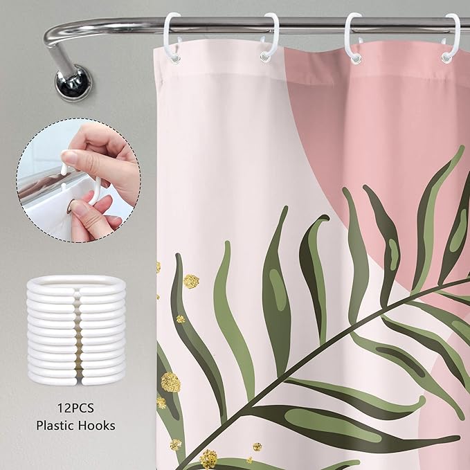 Pink Boho Shower Curtain 60Wx72H Mid Century Modern Abstract Gold Leaves Plant Sun Bathroom Decor Minimalist Geometric Arch Line Aesthetic for Girls Bath Curtain Fabric Polyester 12 Pack Hooks