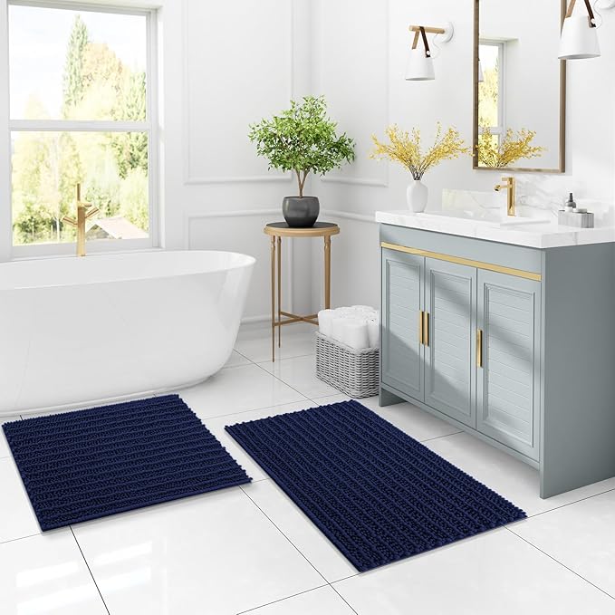 Arotive Luxury Chenille Bathroom Rug Mat, Extra Soft Thick Absorbent Shaggy Bath Rugs, Non-Slip Machine Wash Dry, Plush Bath Mats for Bathroom, Shower and Tub, 47x24, Navy