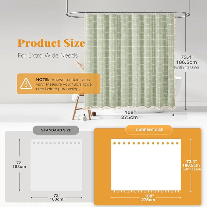 BTTN Extra Wide Shower Curtain - 108x72 Inch Boho Farmhouse Fabric Weighted Linen Shower Curtain Set with 18 Hooks, Large Country Hotel Neutral Waterproof Cloth Shower Curtain for Bathroom, Sage Green