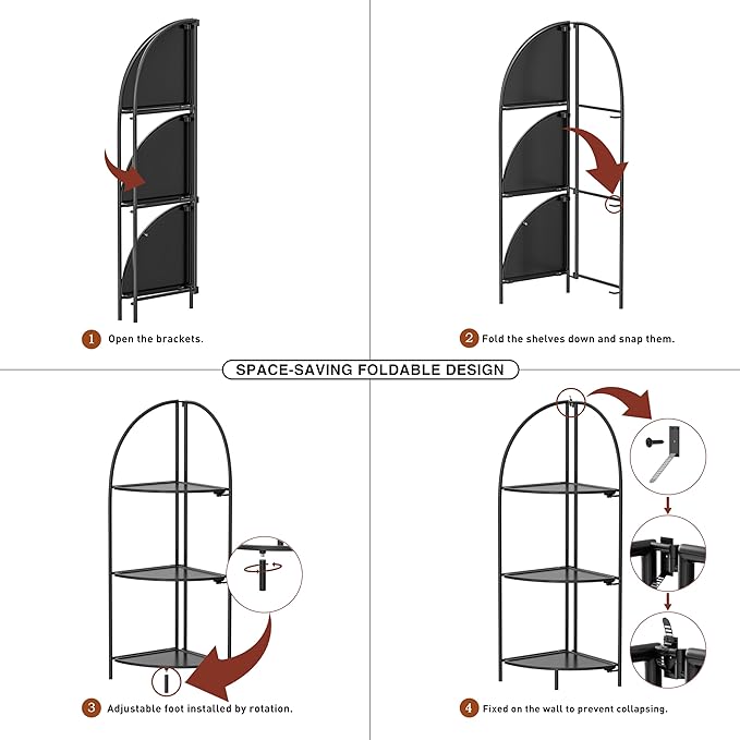 Crofy Foldable 3 Tier Corner Shelf, Metal Corner Plant Stand with Black Frame and Black Shelves, Corner Display Rack Multipurpose Shelving Unit for Living Room, Bedroom, Bathroom